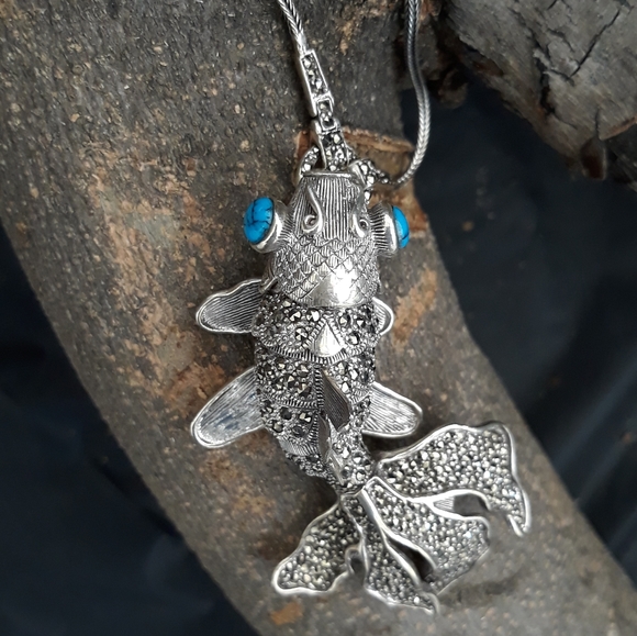 Gold Fish Marcasite and Turquoise Necklace - Picture 3 of 11